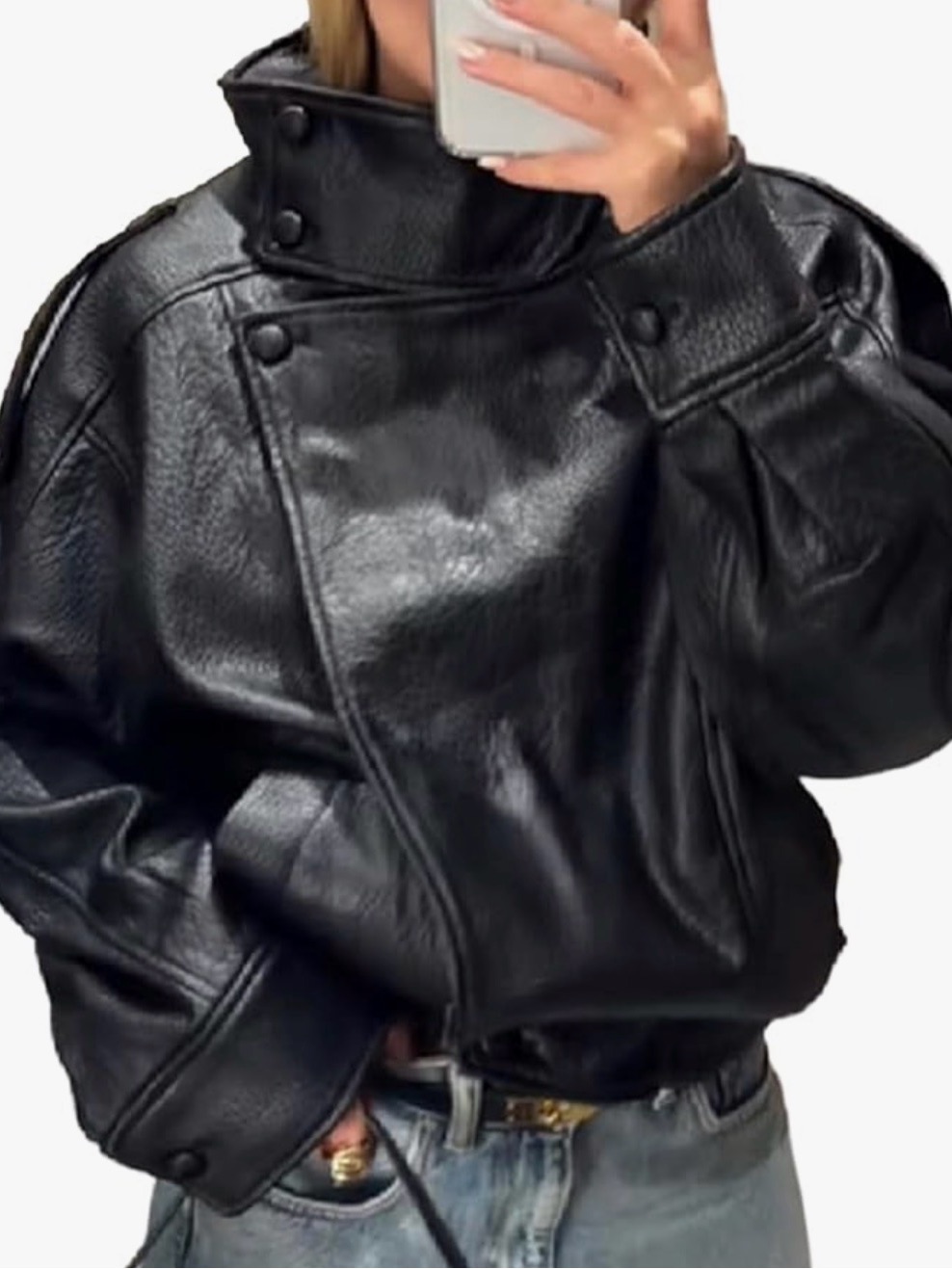 Black Leather-Look Asymmetrical Snap Jacket - Men